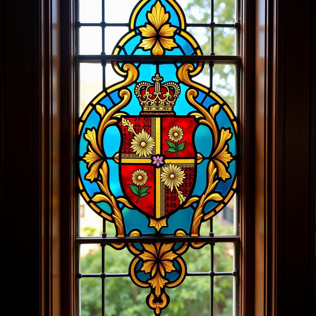 Stained glass window details in a royalty style setting.