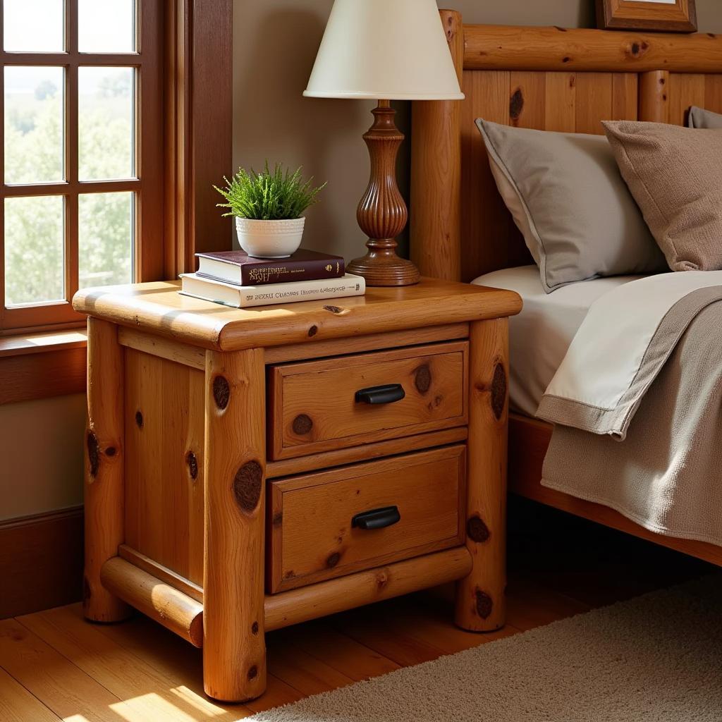 Rustic Log Nightstand in a Cozy Bedroom Setting