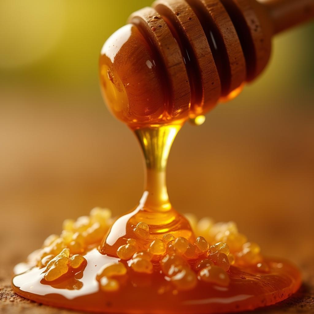 Close up view of golden sal honey dripping from a wooden spoon