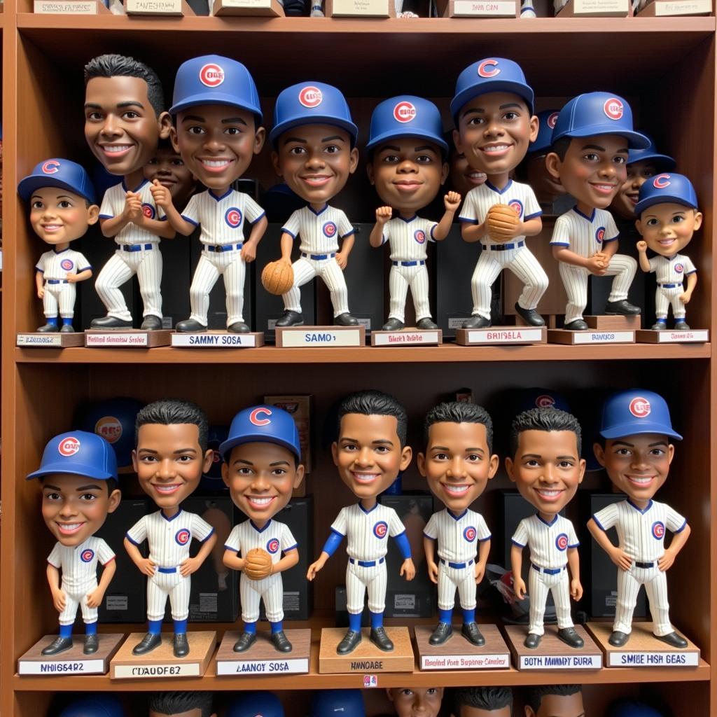 A collection of various Sammy Sosa bobbleheads showcasing different uniforms and poses.