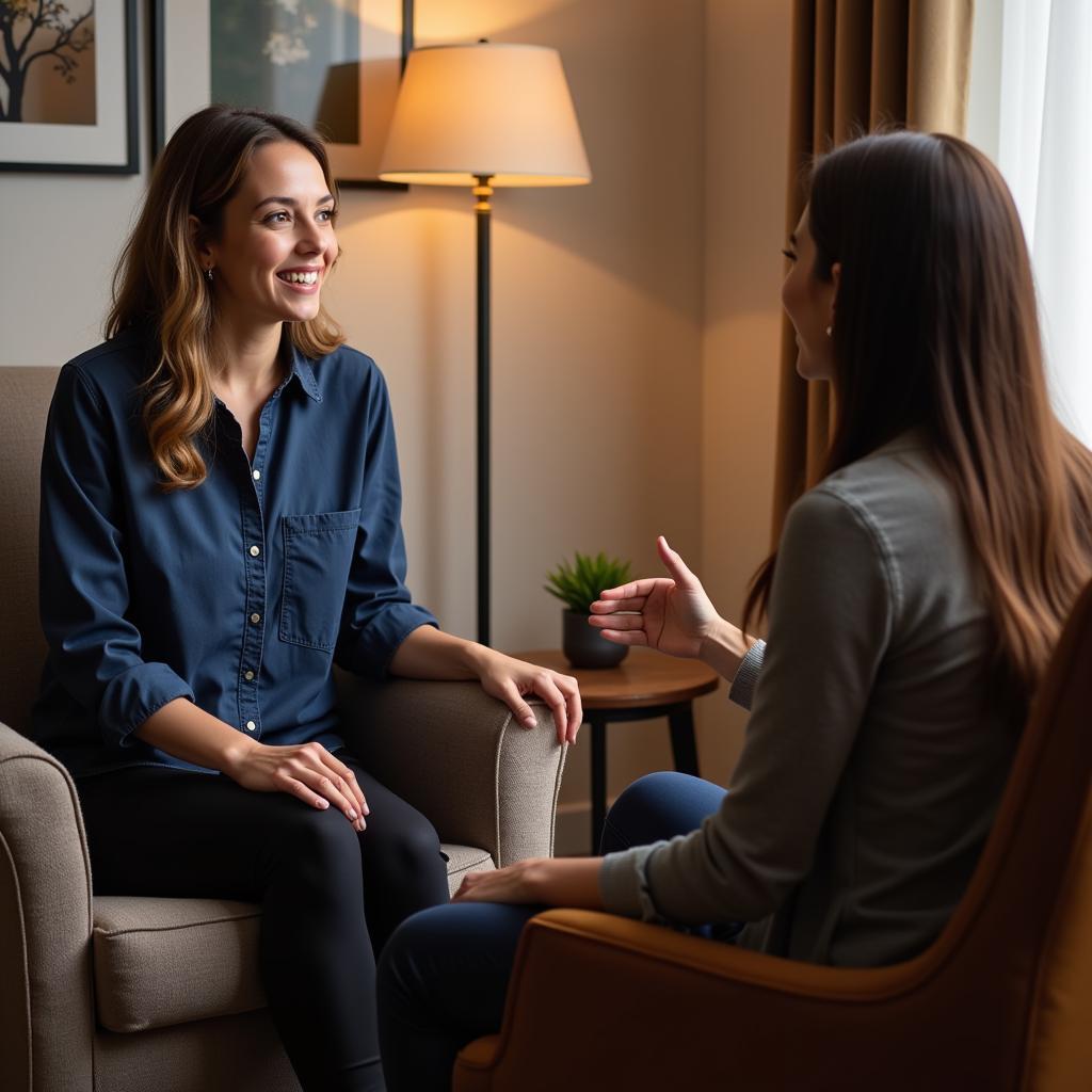 A person talking to a therapist in a comforting office setting, depicting the importance of seeking professional support.