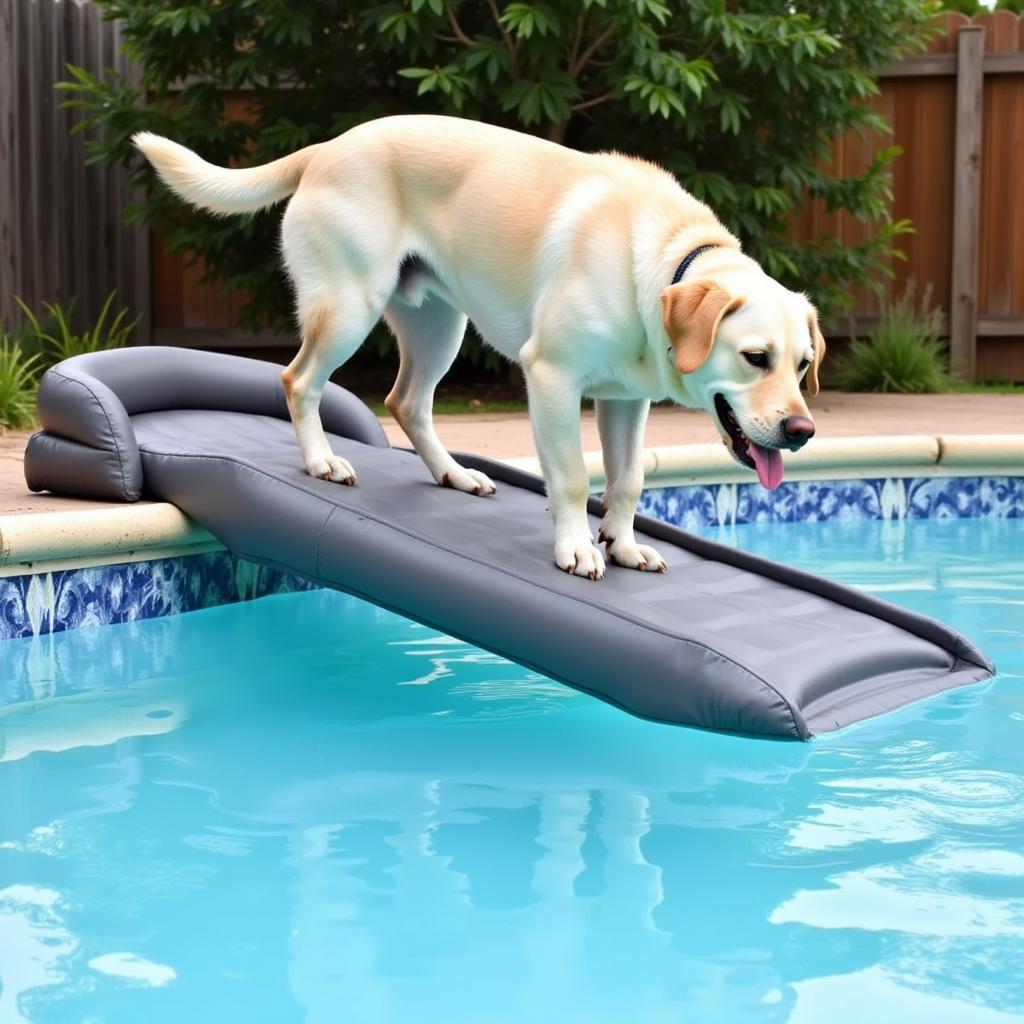 Senior dog comfortably using an inflatable ramp to enter a swimming pool.