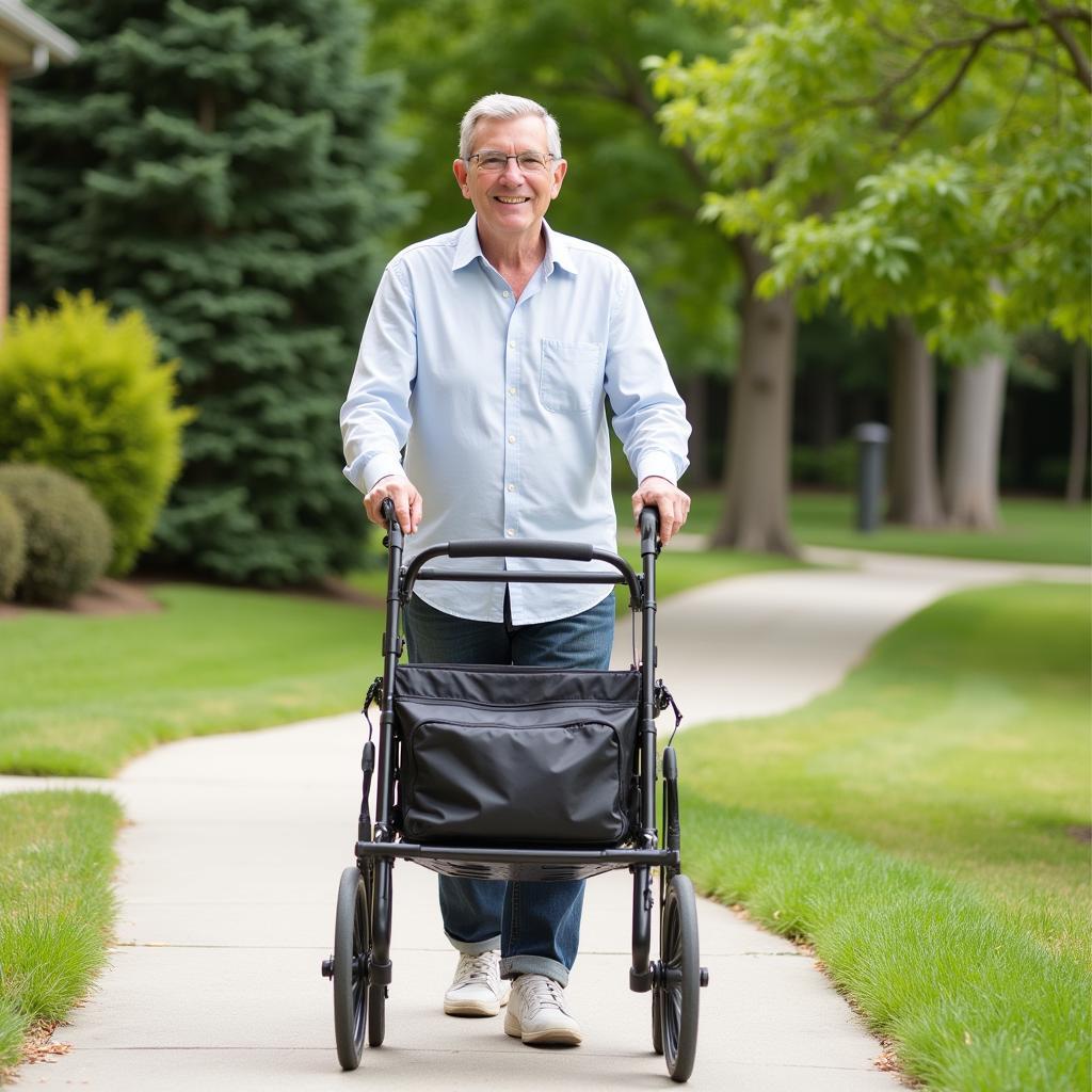 A senior citizen using a walker with a storage bag attached.