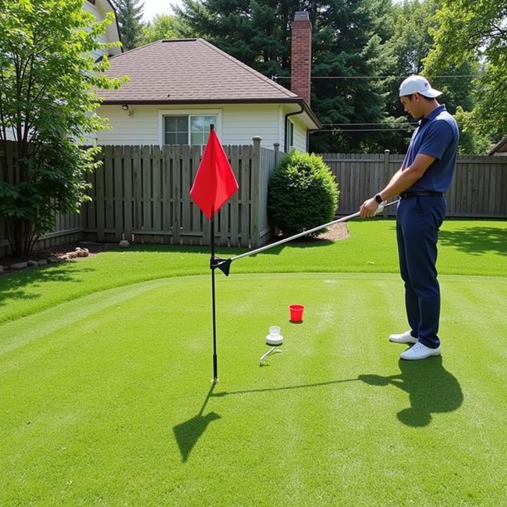 Setting up a golf flag pole and cup set in a backyard