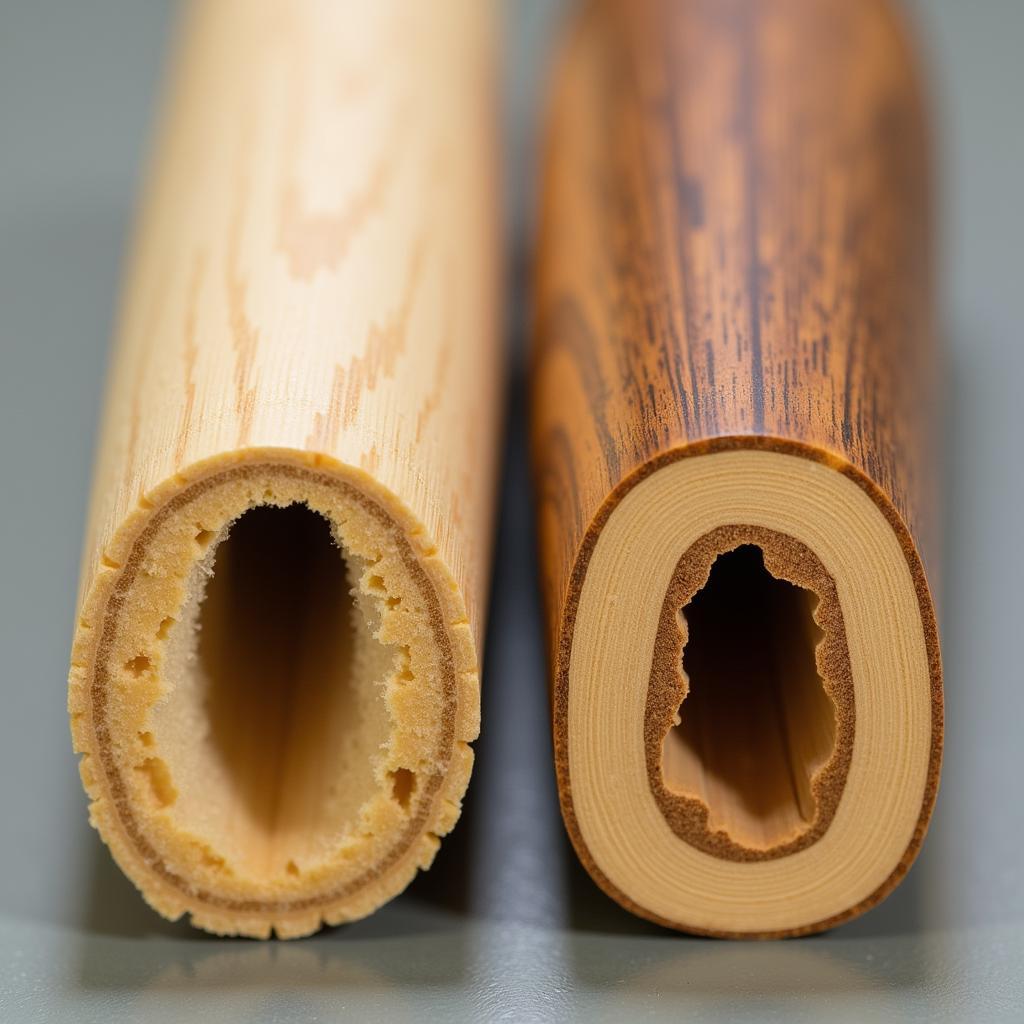 Close-up view of a shaved softball bat showing the thinner walls