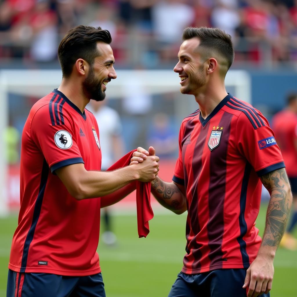 Footballers exchanging shirts after a match