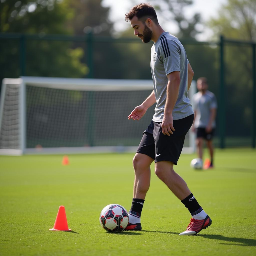 A footballer practicing with a cone