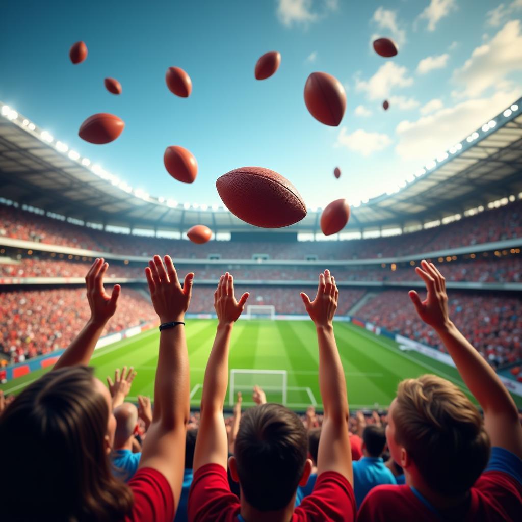 Fans throwing small footballs in a packed stadium