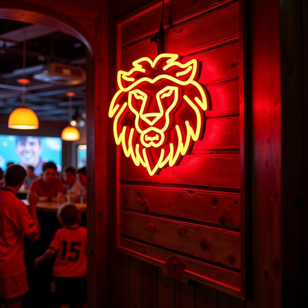 A soccer neon light displaying a team logo in a sports bar, boosting team spirit.