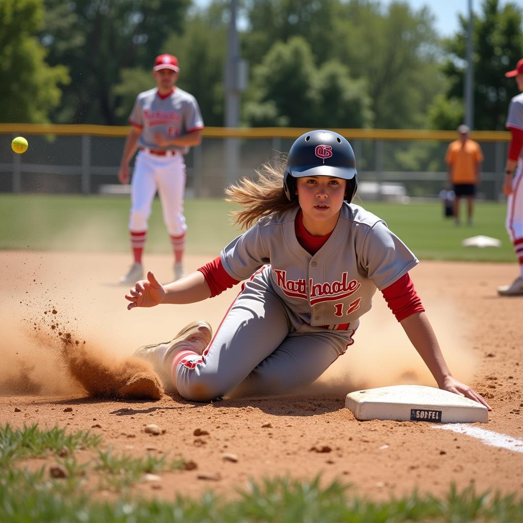 A softball player sliding into second base, successfully stealing a base. The image focuses on the action and speed of the play.