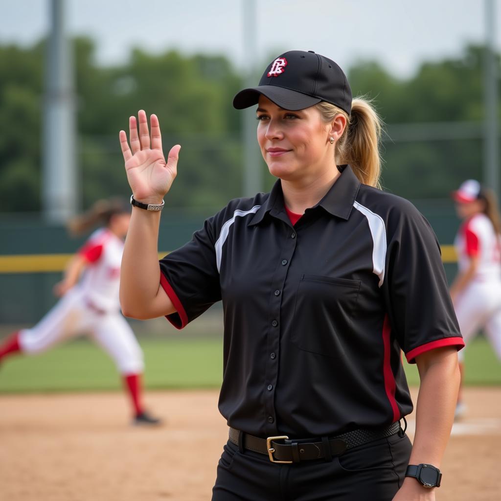 A softball umpire calmly making a call during a game.