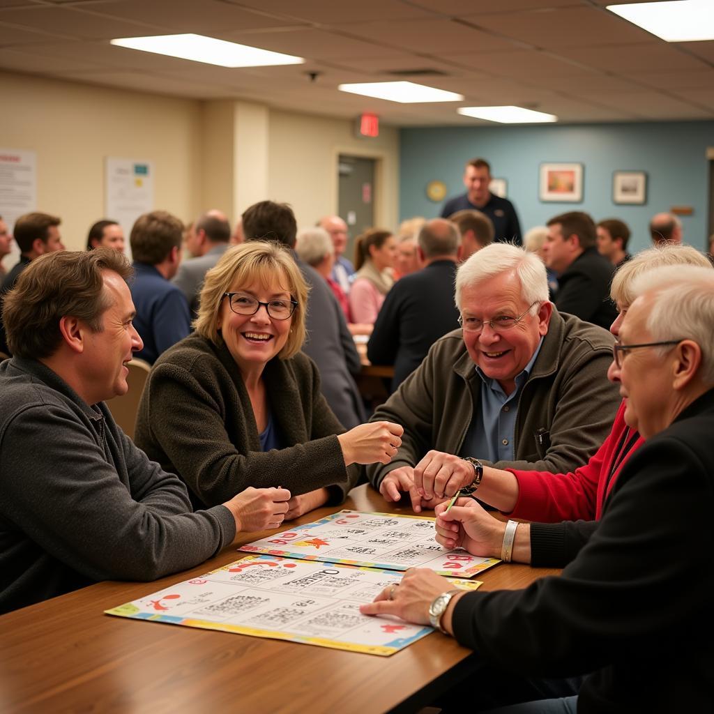 Social Scene at St Louis Bingo - A photo depicting the social atmosphere at a St. Louis bingo hall, showing people interacting, laughing, and enjoying the community aspect of the game.