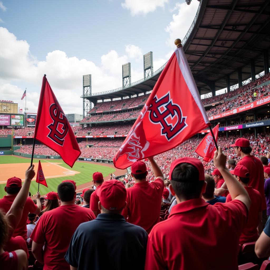 St. Louis Cardinals fans waving flags at Busch Stadium