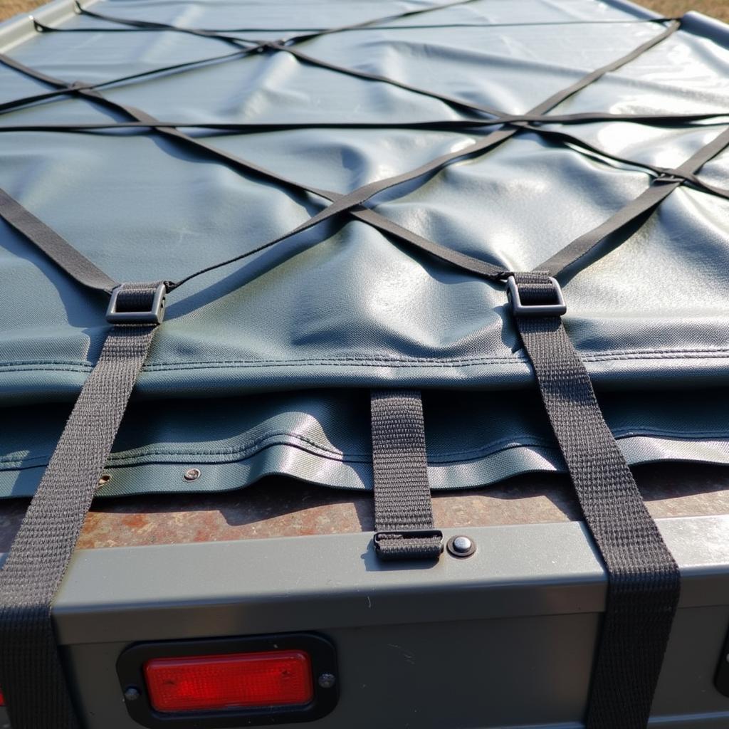 Heavy-duty stop tarp securing cargo on a flatbed truck.