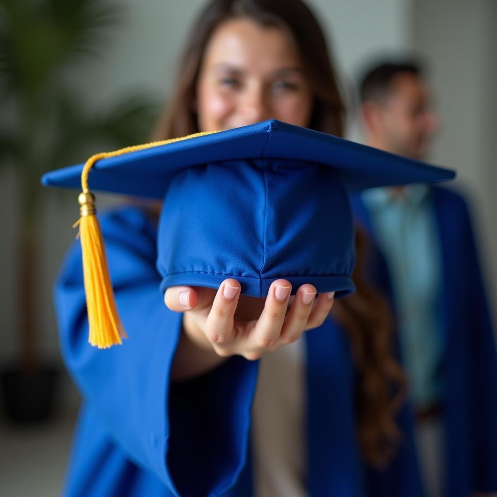 A close-up shot of a student holding their blue graduation cap