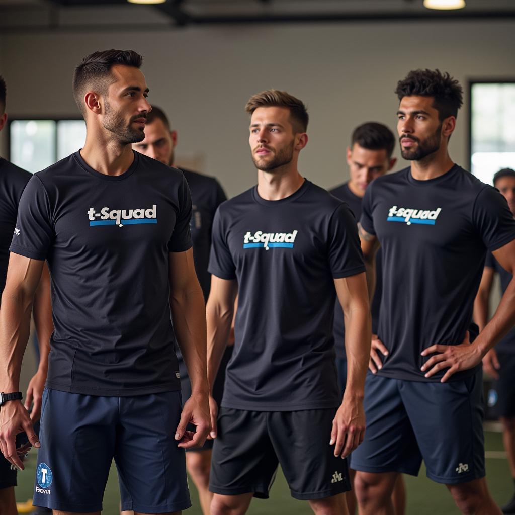 Athletes wearing t-squad merch during a training session.