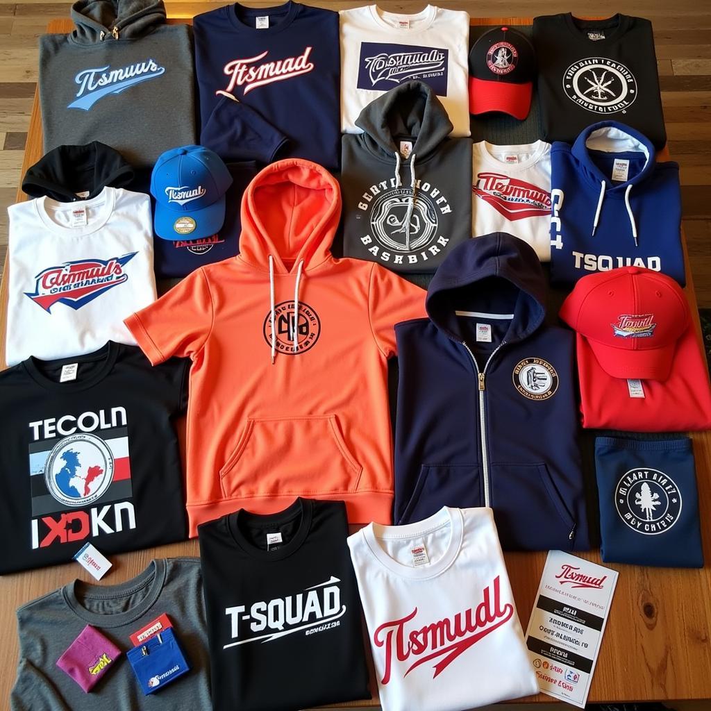 A wide variety of t-squad merchandise, including t-shirts, hoodies, hats, and accessories, displayed on a table.