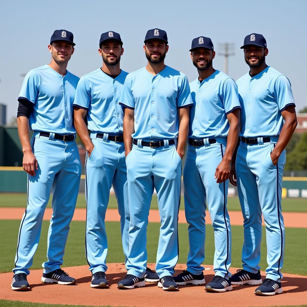 Team photo of baseball players wearing baby blue baseball pants