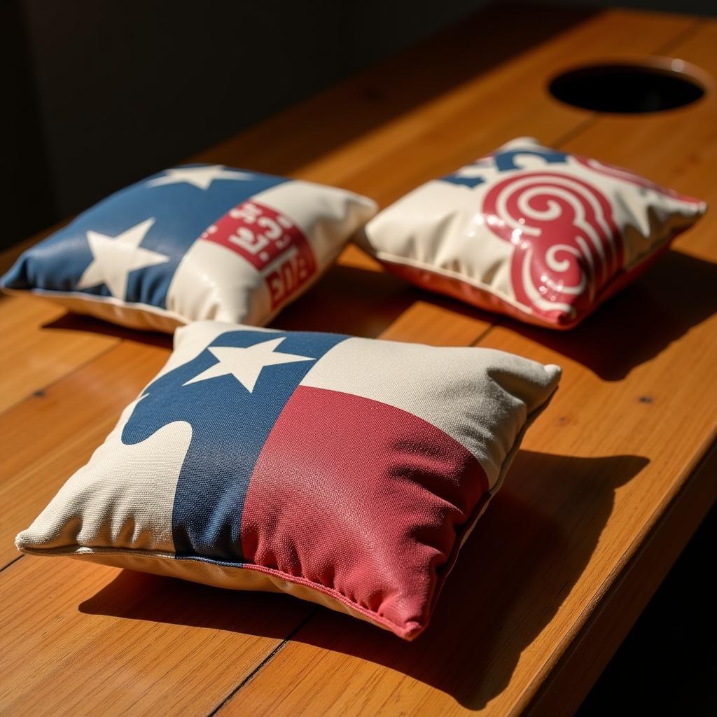 Resin-filled Texas Cornhole Bags on a Wooden Board