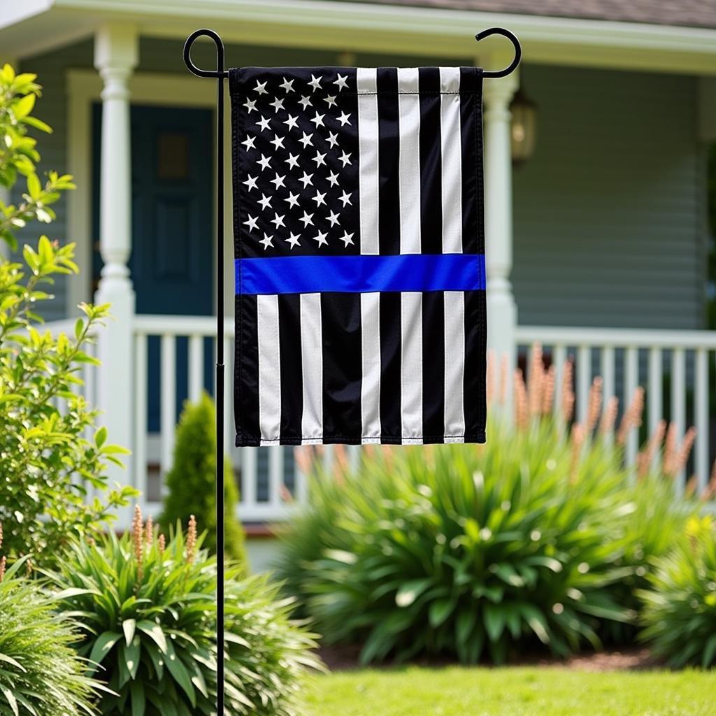 A thin blue line American flag waving proudly in a garden, showing support for law enforcement.