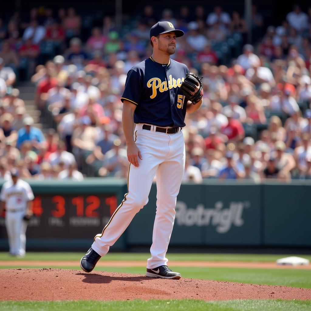 Trevor Hoffman Padres Jersey - Image of Hoffman on the mound wearing his iconic #51 Padres jersey, showcasing the classic design and team colors.