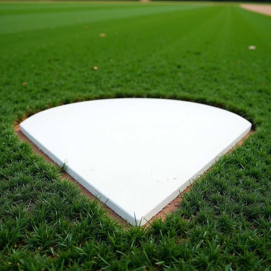 Close-up of the turf home plate area, showing the white rubber base and surrounding synthetic turf.