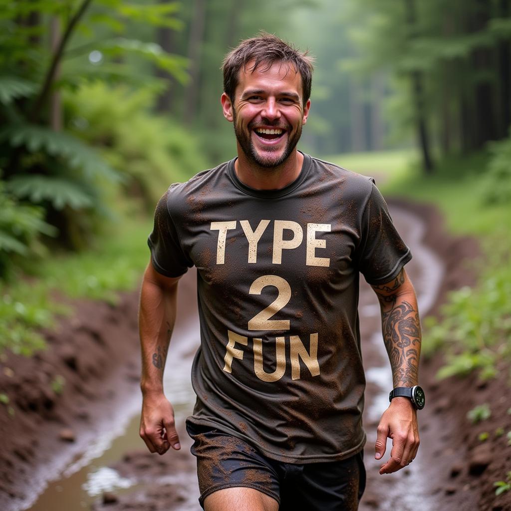 Trail runner covered in mud wearing a type 2 fun shirt