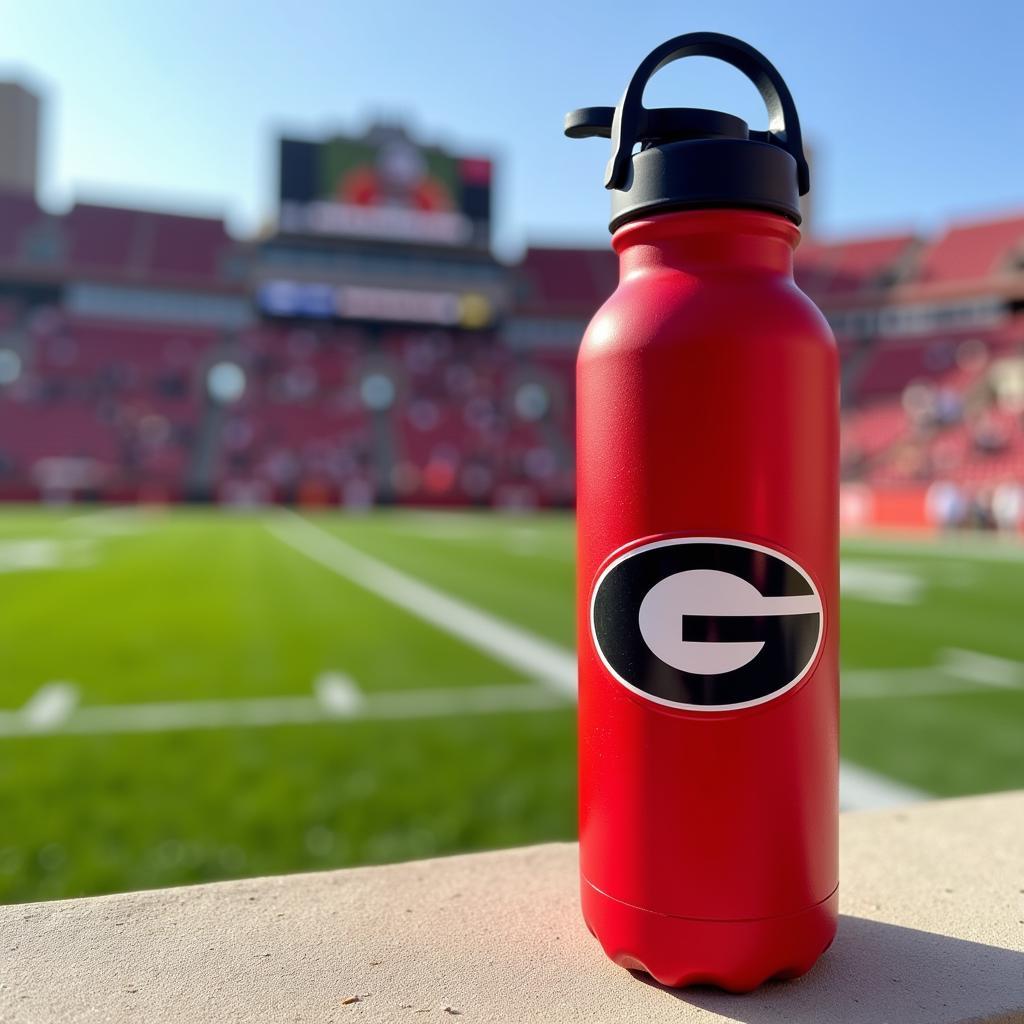 UGA Water Bottle with Georgia Logo on a Football Field