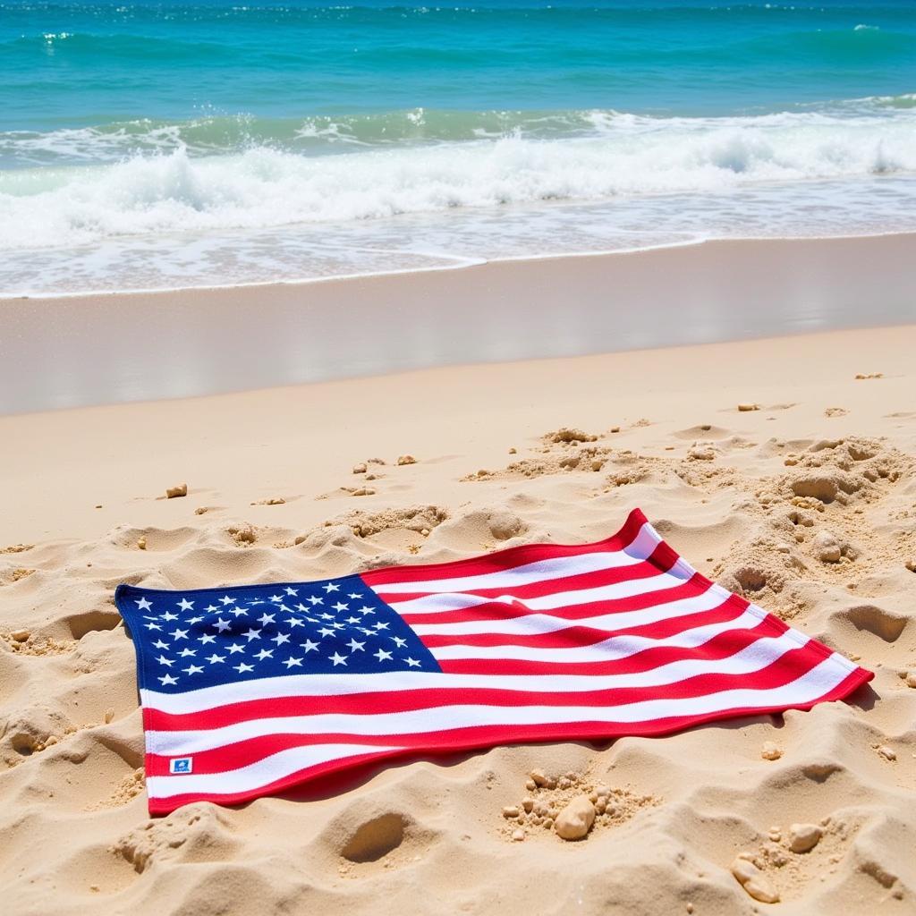 American Flag Beach Towel on a Sandy Beach