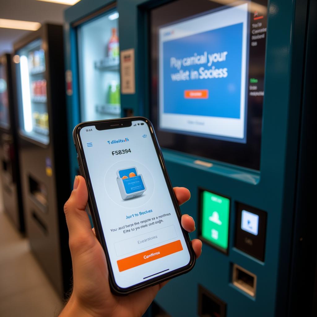 A person using a mobile phone to make a contactless payment at a V line vending machine.