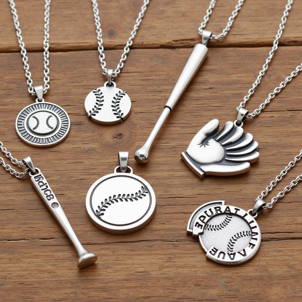 Different styles of baseball necklaces, including bat, glove, and ball pendants, displayed on a wooden background.