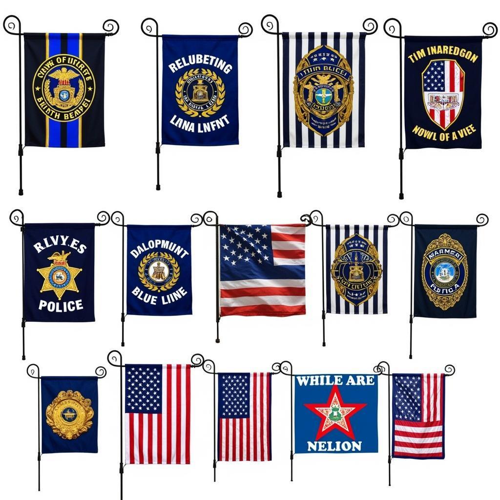 A wide variety of law enforcement garden flags showcasing different designs and messages.