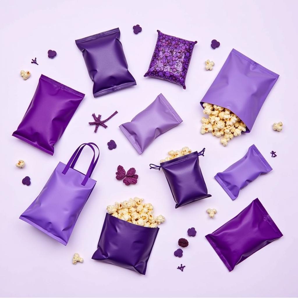 An assortment of different styles and sizes of purple popcorn bags, showcasing the variety available.