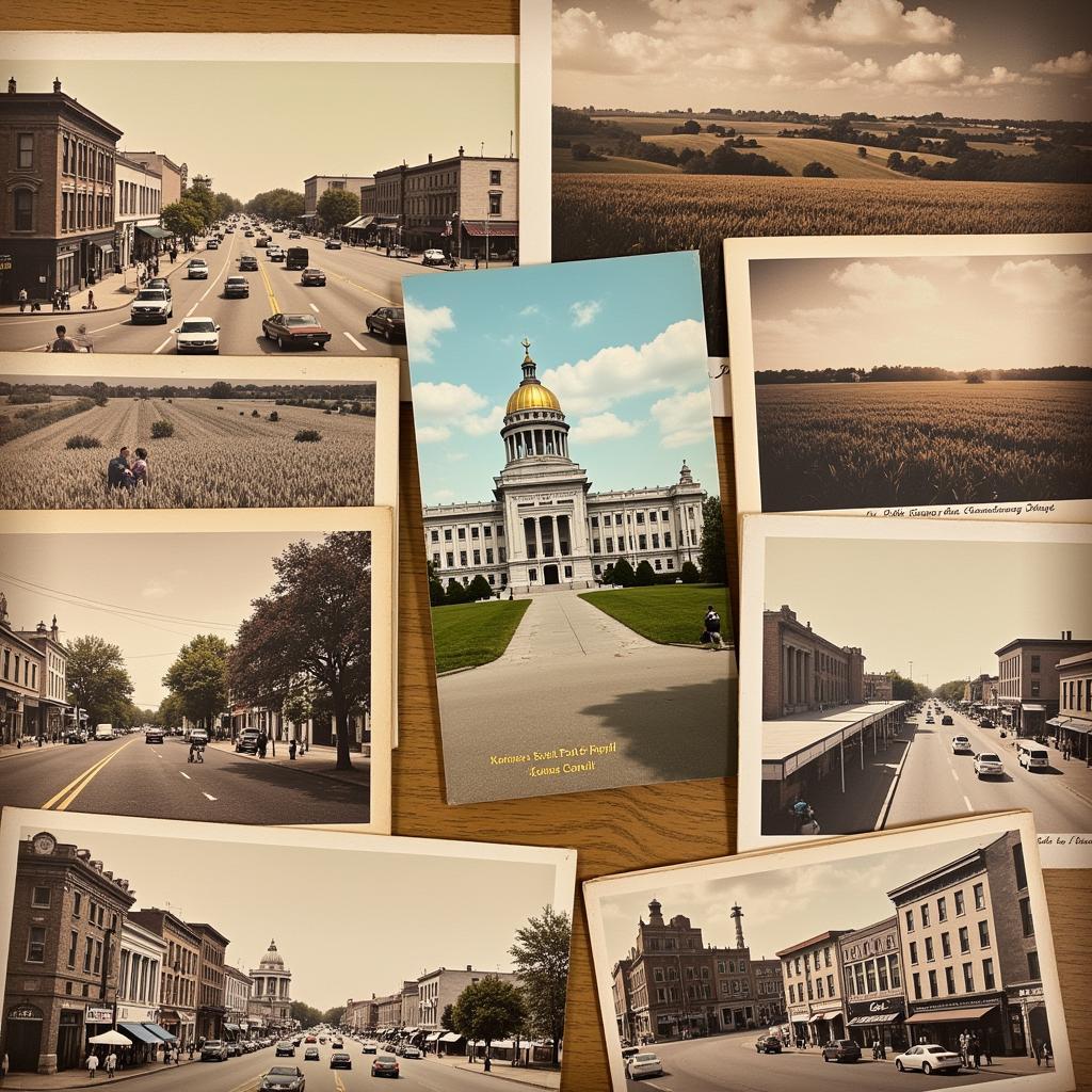 A collection of vintage postcards and photographs depicting various Kansas landmarks and scenes from the early 20th century.