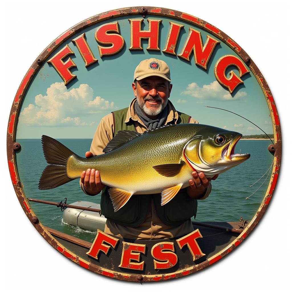 Vintage Metal Fishing Sign Showing a Fisherman with a Large Catch