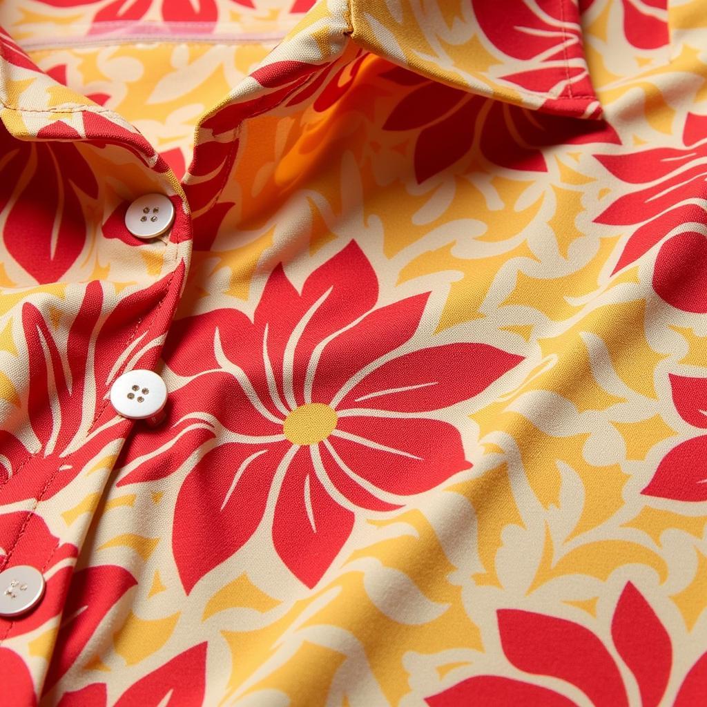 Close-up of a vintage red and yellow Hawaiian shirt with a large floral print