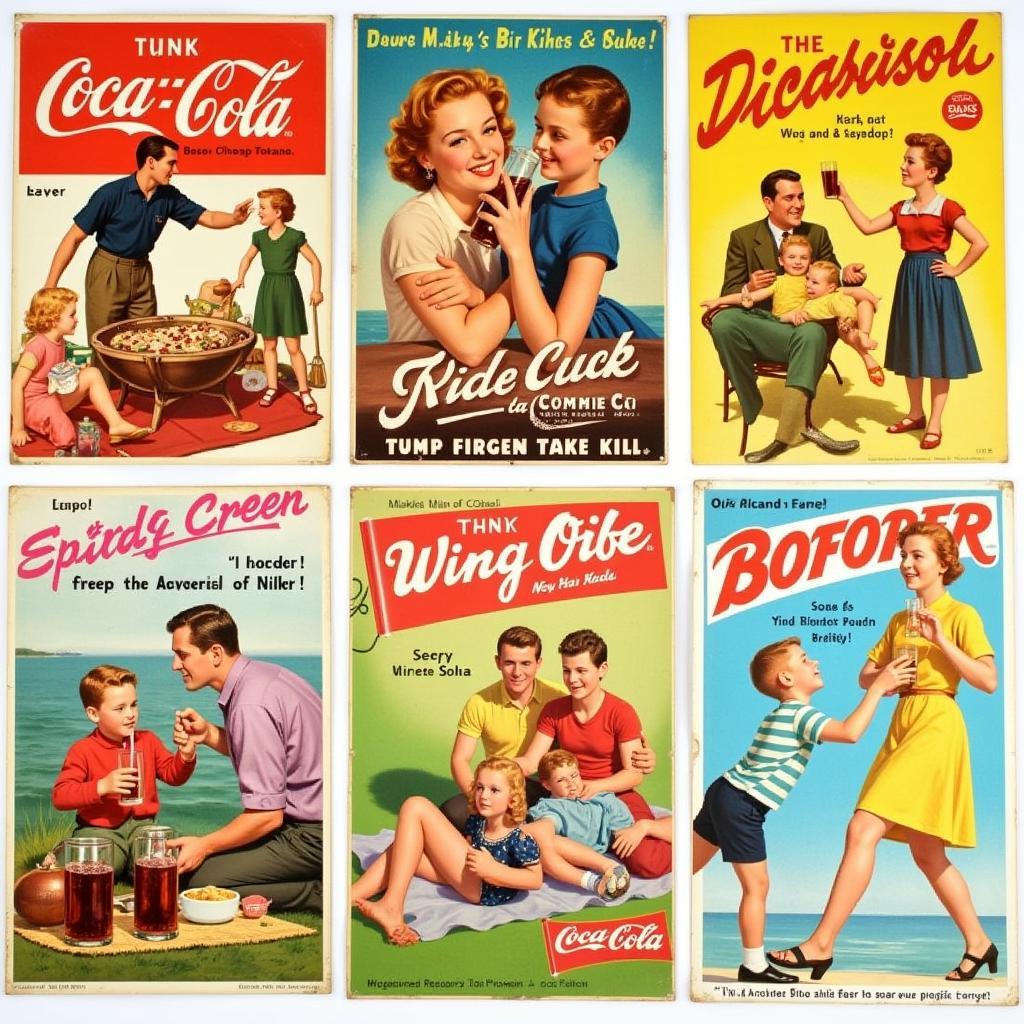 Vintage soda advertising posters depicting refreshing scenes and iconic brands.