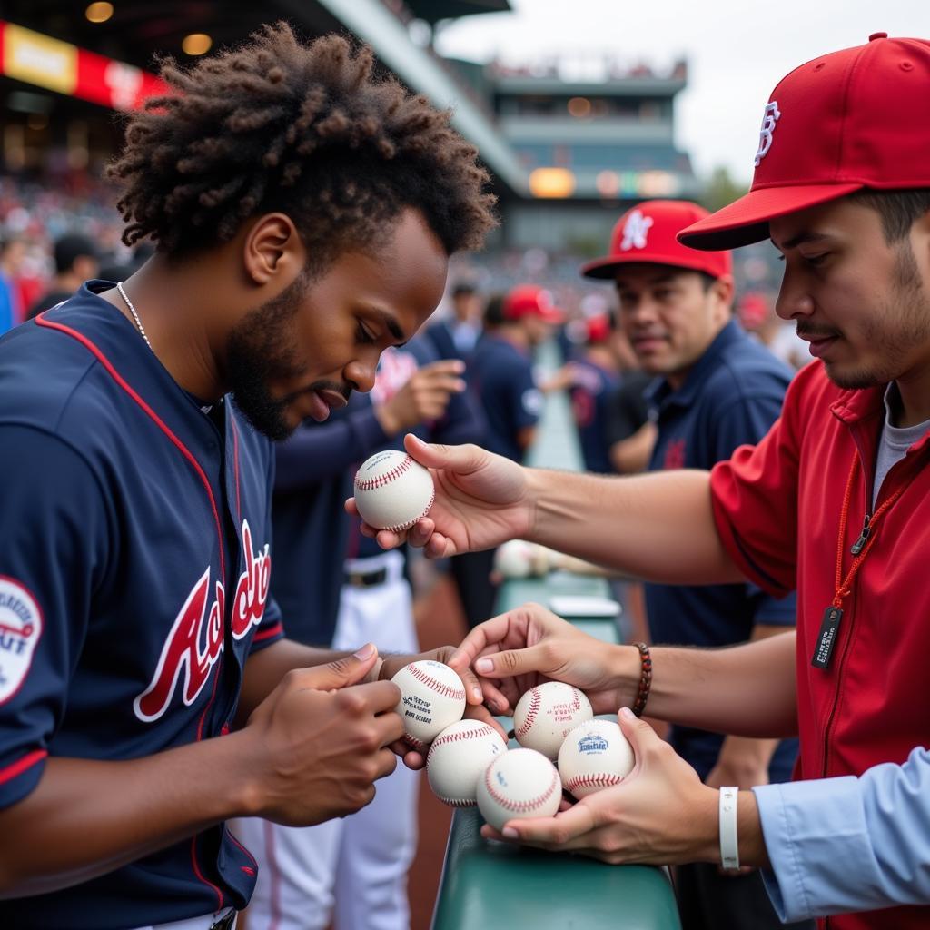 Vladimir Guerrero Jr. signing baseballs for fans at a public event.