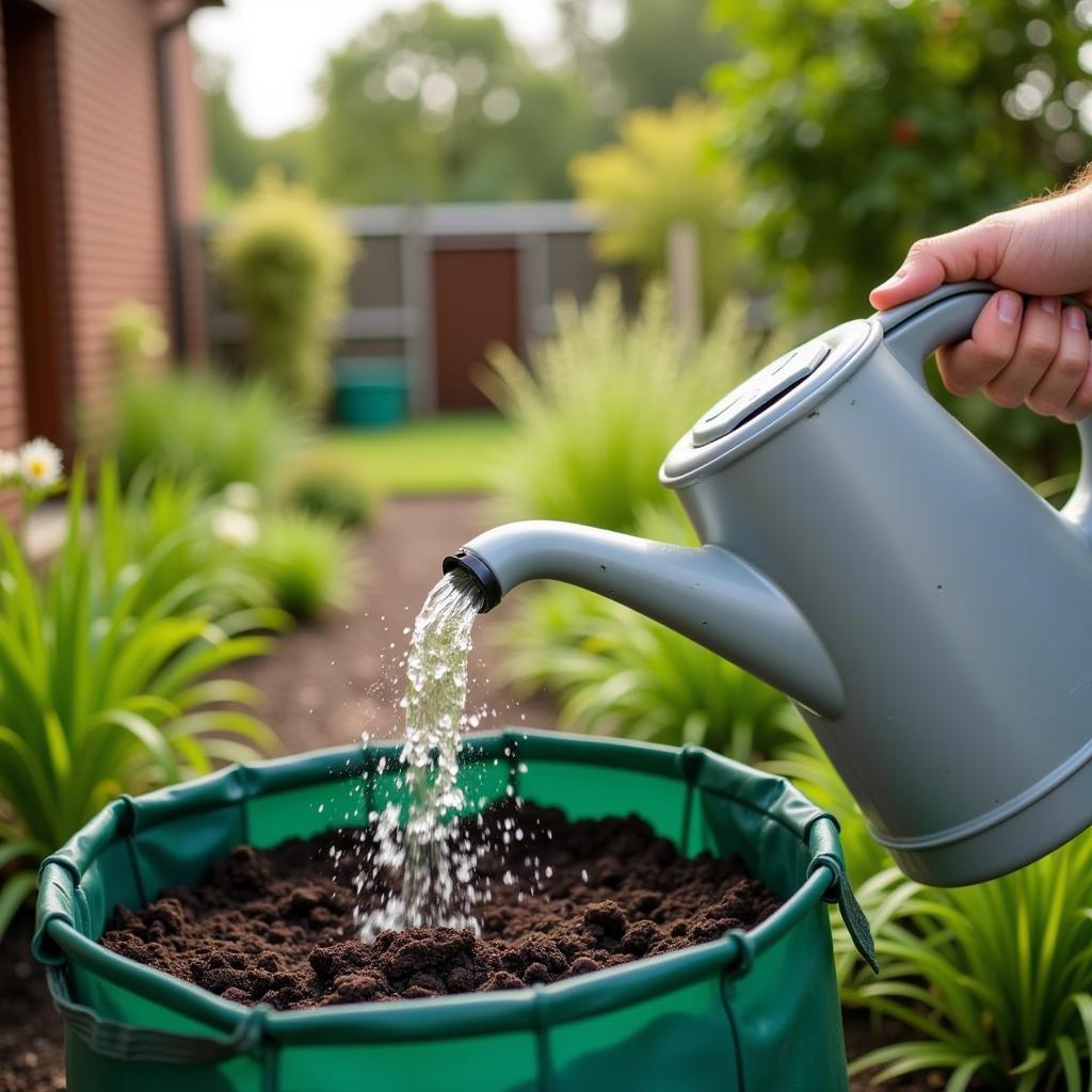 Proper watering technique for 7 gallon grow bags, using a watering can to gently saturate the soil without overwatering