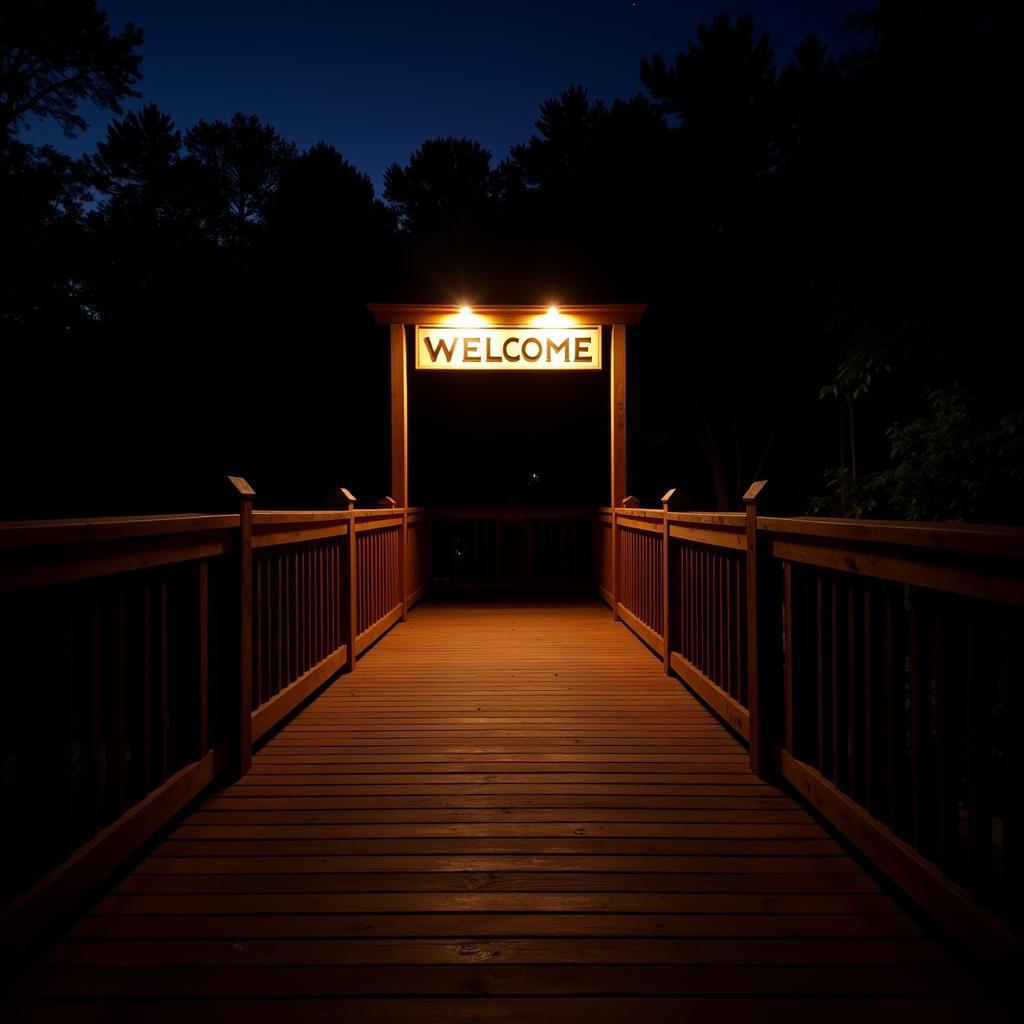 Welcome Sign on Deck at Night