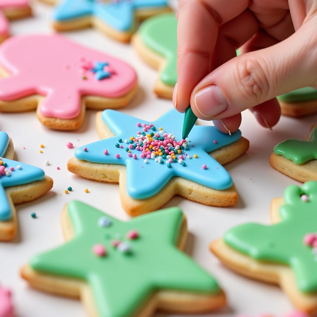 Wild one sugar cookies being decorated with colorful frosting, sprinkles, and edible glitter.