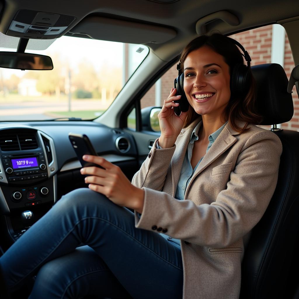 Woman Listening to 107.9 FM Radio - A woman enjoying listening to a program on 107.9 FM radio, demonstrating the connection between the schedule and the listening experience.