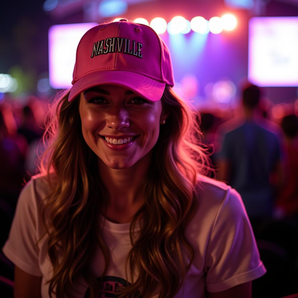 Woman Wearing a Nashville Baseball Cap at a Concert