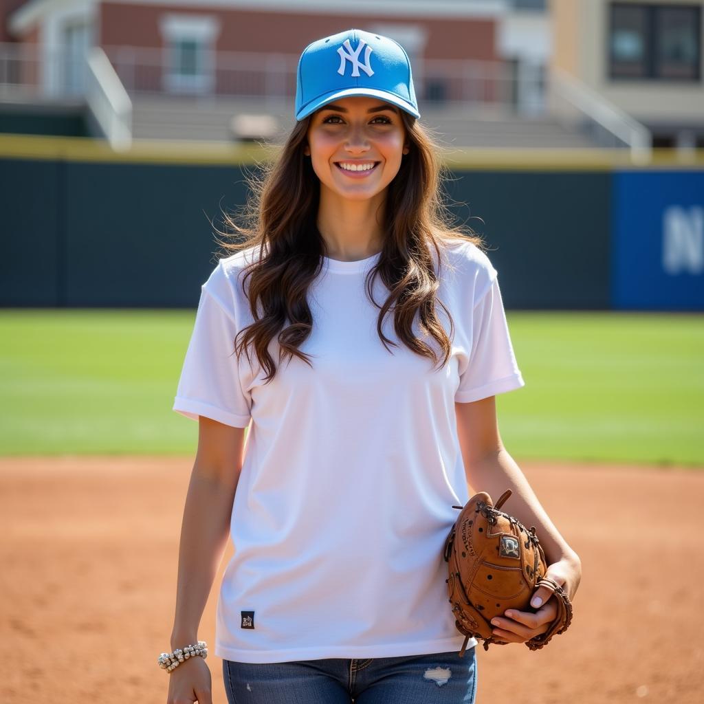 Woman Wearing Sky Blue Yankees Hat with Casual Outfit