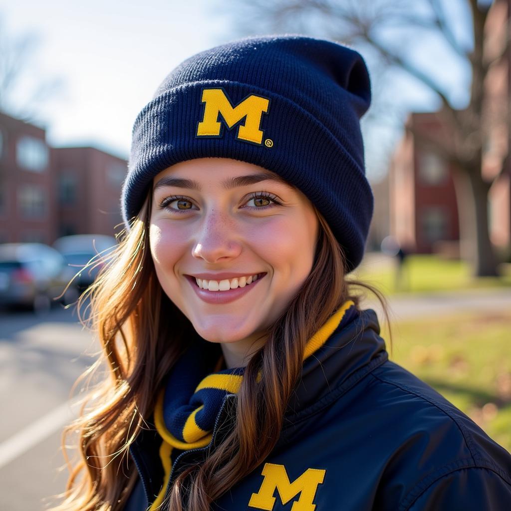 Woman Wearing a U of Michigan Beanie