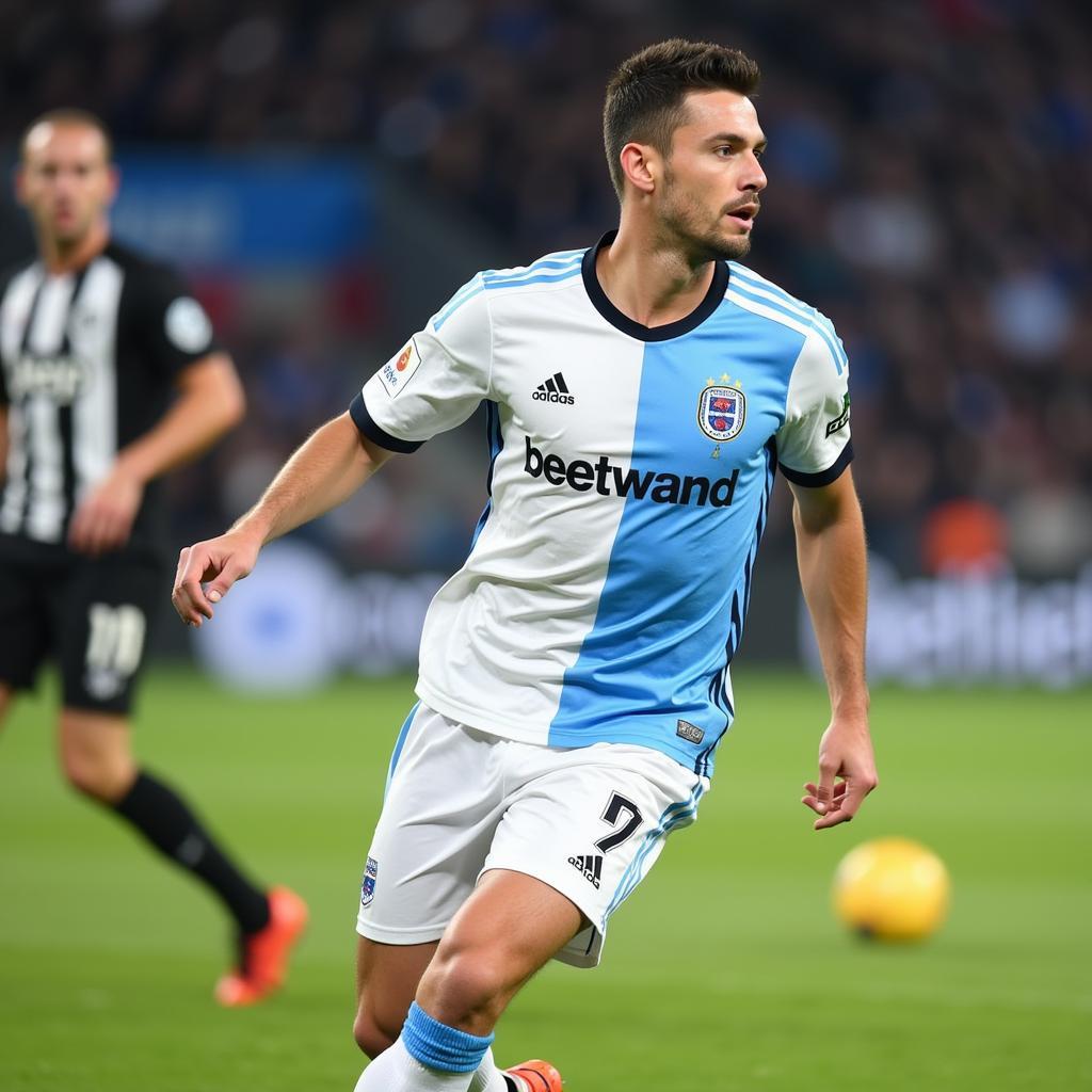 Woodward Shirt On-Field Performance:  A footballer wearing the Woodward shirt during a match, demonstrating its flexibility and comfort in action.