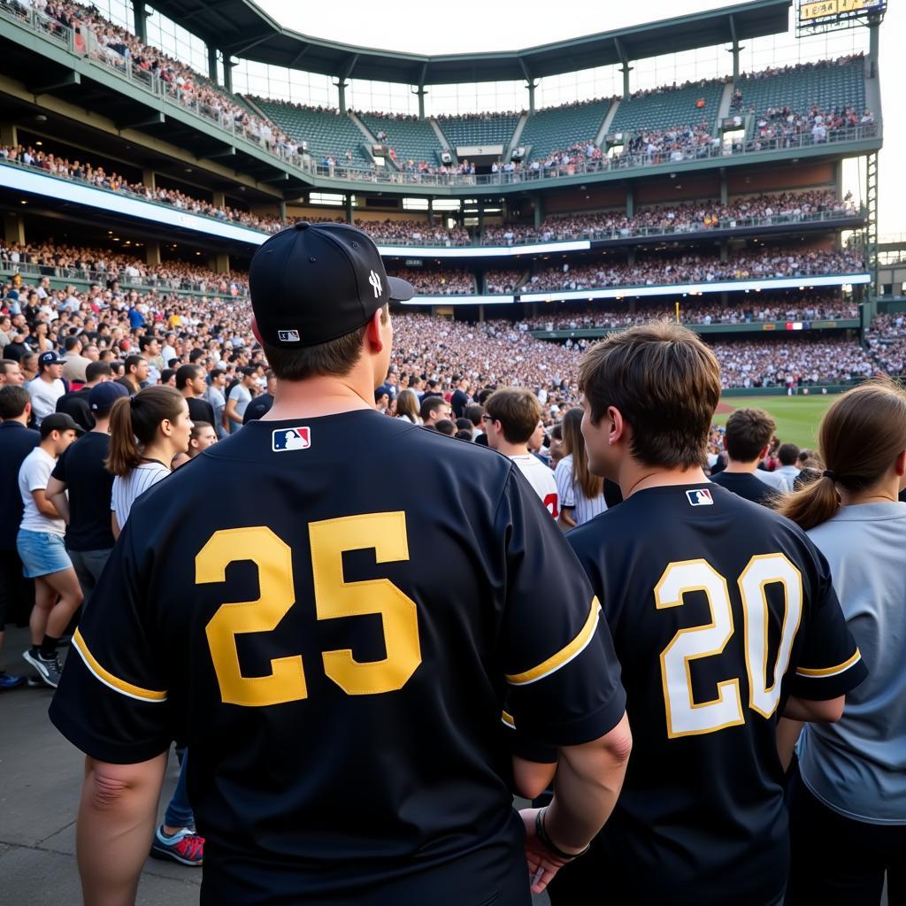 New York Yankees fans proudly wearing black and gold jerseys at Yankee Stadium.