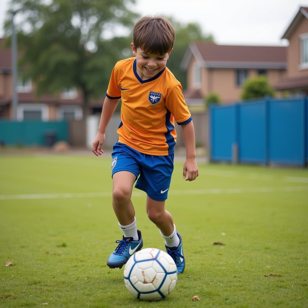 Young Footballer Wearing Tiempo Blue and White Boots