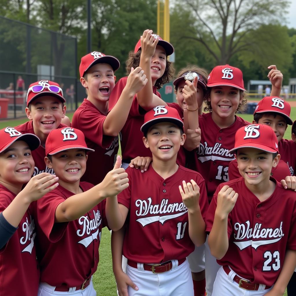 Youth baseball players celebrating their championship victory with rings