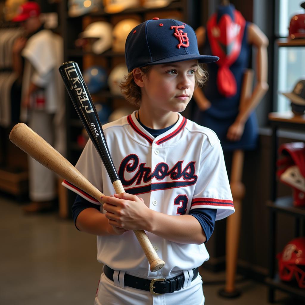 Youth baseball player carefully selecting cross baseball gear